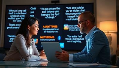 An inspiring image of a mentor and mentee engaged in a virtual meeting, sharing insights and ideas on a digital screen, with motivational quotes and real estate success stories displayed in the background, symbolizing growth and collaboration in the mentorship program.