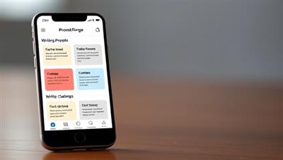 An engaging visual representation of the PromptForge app interface on a mobile device, displaying a variety of customizable writing prompts, interactive challenge features, and a vibrant writing community feed, illustrating the user-friendly and creative nature of the app for writers on the go.