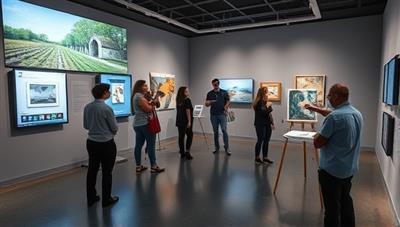 A virtual art gallery space with digital artworks displayed on interactive screens, virtual visitors exploring the exhibits, and an artist conducting a live painting demonstration, creating an immersive and innovative art exhibition experience.