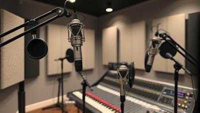 A professional recording studio setup with microphones, soundproofing panels, and a mixing console, exuding a sense of creativity and professionalism in podcast production.