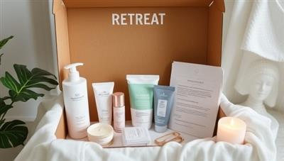 A serene and calming retreat box setting featuring an array of beauty products, wellness tools, aromatic candles, and relaxation guides, inviting customers to embark on a transformative self-care journey from the comfort of their homes.