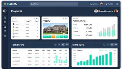 A digital dashboard displaying property listings, rent payments, maintenance requests, and financial reports, with a sleek and modern interface, representing the efficiency and organization of virtual property management services.