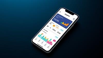 An engaging image of a smartphone with the ExpenseBot app interface displayed, showing colorful graphs and charts representing financial data, with a sleek and modern design aesthetic.