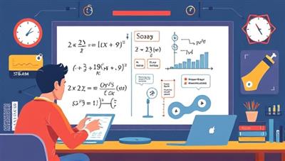 An engaging digital illustration of a virtual STEM tutoring session, with a student and tutor interacting on a digital whiteboard, solving complex equations and diagrams, surrounded by STEM-related visuals and symbols, fostering a collaborative and educational environment on STEMGenius.