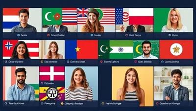 An interactive virtual language exchange platform showcasing users from different countries engaging in language practice sessions through video calls, text chats, and language learning games, creating a vibrant and inclusive language learning community.