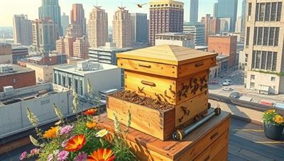 An artistic representation of a rooftop beekeeping setup in a bustling urban landscape, featuring vibrant flowers, buzzing bees, and a harmonious coexistence of nature and city life, capturing the essence of urban beekeeping sustainability within BeeSustain Co.