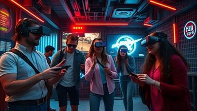An immersive virtual reality environment showcasing a group of friends working together to solve puzzles in a digital escape room setting, with futuristic gadgets and interactive clues, creating a sense of suspense and adventure.