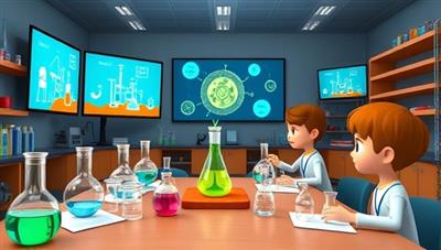 A virtual laboratory setting with bubbling beakers, scientific equipment, digital screens displaying interactive experiments, and animated student avatars conducting hands-on science activities, stimulating curiosity and exploration in a virtual science club.