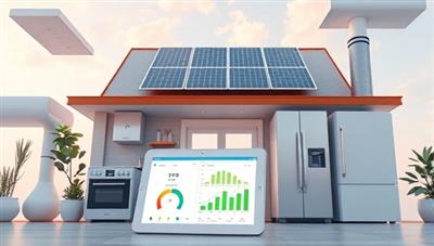 An image of a modern smart home setup with energy-efficient appliances, solar panels on the roof, and the EcoWatt Insight monitoring system displayed on a tablet, showing real-time energy usage data and cost-saving recommendations, creating a futuristic and eco-friendly living environment.