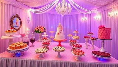 An enchanting dessert bar setup featuring a grand display of cakes, pastries, and treats in a whimsical setting with fairy lights, vibrant colors, and interactive dessert stations, creating a magical and inviting atmosphere for guests to indulge and socialize.