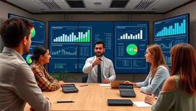 A virtual personal finance workshop scene with a financial expert discussing investment strategies and budgeting tips with a group of engaged millennials on screen, surrounded by financial charts, calculators, and digital banking interfaces, fostering a smart and empowered money mindset.
