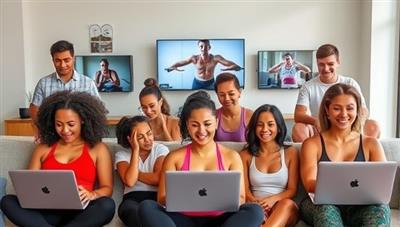 A diverse group of individuals engaging in virtual workout sessions through their laptops and smartphones, showcasing the convenience and accessibility of FitFlex's coaching platform.