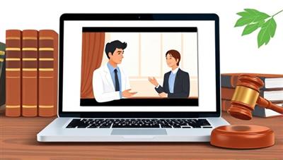 A digital illustration showing a virtual legal consultation session between a lawyer and a client on a laptop screen, with a backdrop of law books and a gavel, symbolizing professional legal services delivered remotely.
