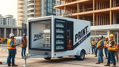 An impressive visual of a mobile 3D printing unit in action at a construction site, creating intricate building components with precision and speed, surrounded by curious onlookers and construction workers, exemplifying the innovation and efficiency of PrintBuild Mobile's on-site 3D printing construction service.