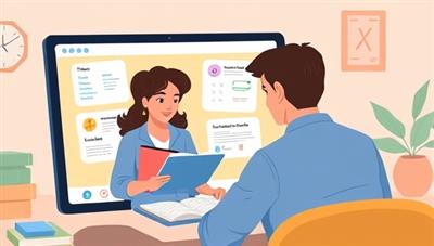 An illustration of a student and a tutor engaging in a virtual tutoring session on a digital device, with personalized study materials and interactive tools visible on the screen, showcasing the convenience and effectiveness of online tutoring through TutorMatch Pro.
