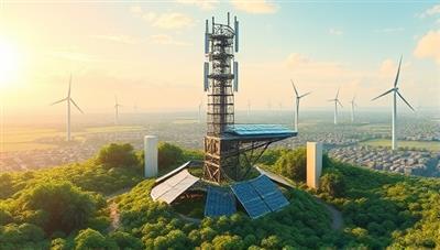 An artistic rendering of a futuristic eco-friendly telecommunication tower surrounded by lush greenery, with solar panels integrated into the structure and wind turbines in the background, highlighting the sustainable and innovative approach of GreenTower Tech to telecommunication infrastructure.