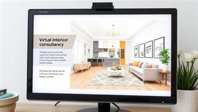 A virtual room design presentation displayed on a computer screen, showcasing a beautifully designed interior space with color schemes, furniture layouts, and decor elements, illustrating the consultancy's expertise in virtual interior design and creative design solutions.