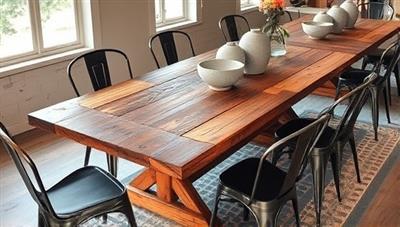 An artistic portrayal of a reclaimed wood dining table surrounded by upcycled metal chairs and concrete decor pieces, illustrating the beauty and creativity of sustainable design through the transformation of construction waste materials.