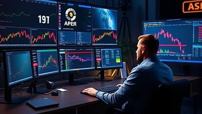 An immersive visualization of a trader's desk setup featuring multiple monitors displaying stock charts, an AI-powered digital assistant providing real-time market insights, and the user executing trades with confidence, capturing the dynamic and data-driven nature of stock trading with StockSense AI.