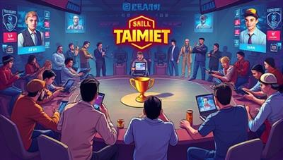 An illustration of a competitive mobile gaming tournament on the SkillQuest Gaming platform, showcasing players engaged in intense gameplay, virtual trophies and rewards, and a vibrant gaming community atmosphere, highlighting the excitement and competitiveness of skill-based mobile gaming challenges.