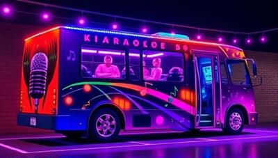 A vibrant and colorful karaoke bus exterior design featuring musical notes, microphones, and a lively atmosphere, illustrating a fun and festive karaoke experience on wheels.