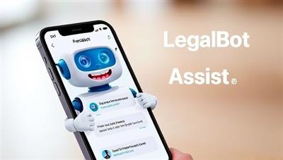 An imaginative visual of LegalBot Assist as a friendly and responsive chatbot character on a mobile device screen, engaging with a user and providing legal information, showcasing the convenience and approachability of the AI-powered legal support service.