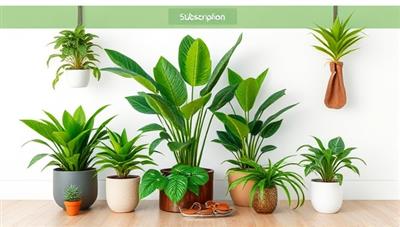 An online platform displaying a variety of lush green plants available for subscription, accompanied by plant care tools and accessories, creating a refreshing and inviting atmosphere for plant enthusiasts.