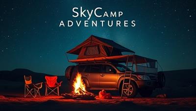 An immersive camping scene featuring a roof-top tent perched on a vehicle under a starry night sky, with a cozy campfire, camping chairs, and outdoor gear set up around the tent, creating a sense of adventure and relaxation synonymous with SkyCamp Adventures' camping experiences.
