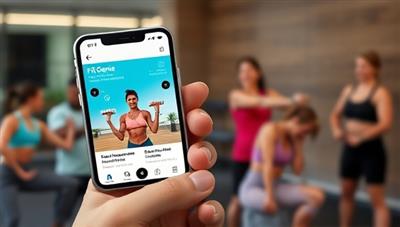 A smartphone displaying the FitGenie app interface, featuring a virtual trainer providing exercise recommendations and nutritional tips, with a diverse group of users engaging with the platform in various workout settings.