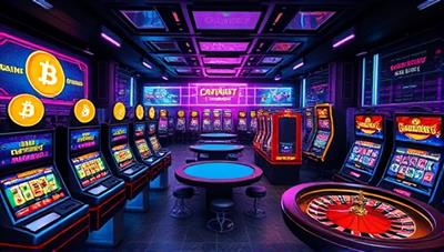 A digital casino landscape featuring a futuristic gaming floor with virtual slot machines, card tables, and roulette wheels, illuminated by neon lights and digital displays showcasing cryptocurrency symbols and rewards, capturing the high-tech and immersive gaming experience of CryptoQuest Casino.
