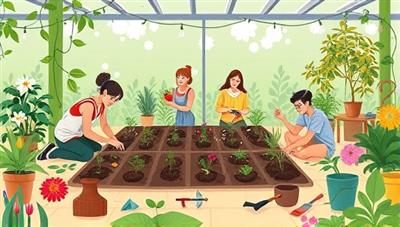 An artistic illustration of a virtual gardening workshop with participants engaging in planting activities, soil preparation, and plant care demonstrations, surrounded by lush greenery, colorful flowers, and gardening tools, symbolizing the joy of gardening and connection to nature in a virtual learning environment.