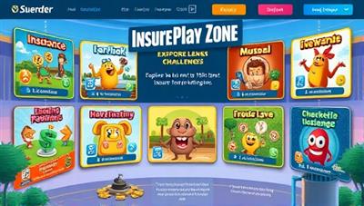 A vibrant and interactive gaming interface showcasing various insurance-themed games and challenges, with animated characters and rewards, inviting users to explore and learn about insurance in a playful and engaging environment within the InsurePlay Zone platform.