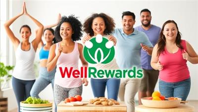 An engaging visual of a diverse group of individuals participating in wellness activities such as yoga, running, and healthy cooking, with the WellRewards logo displayed prominently, symbolizing the integration of insurance incentives with a healthy lifestyle.