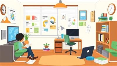 A virtual study room environment tailored for middle school students, featuring engaging educational resources, interactive study tools, and a friendly tutor assisting students with homework assignments, fostering a positive and supportive learning environment.