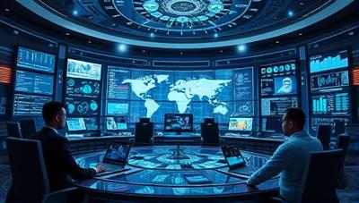 An advanced AI control center with futuristic holographic displays, AI algorithms analyzing insurance claim data in real-time, and digital avatars representing policyholders and insurers collaborating seamlessly to expedite claims processing and enhance decision-making efficiency powered by ClaimGenius AI.