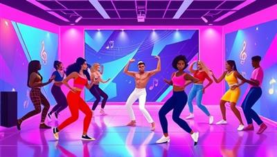 A vibrant digital illustration showcasing a virtual dance studio environment with diverse avatars participating in a high-energy dance class led by a professional dancer, featuring colorful dance visuals, music notes, and dynamic movements, capturing the essence of a lively and inclusive online dance community.