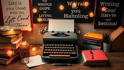An artistic and inspiring writing desk setup with a vintage typewriter, colorful notebooks, pens, and a stack of books, surrounded by fairy lights and inspirational quotes, creating a cozy and creative atmosphere for writing and storytelling.