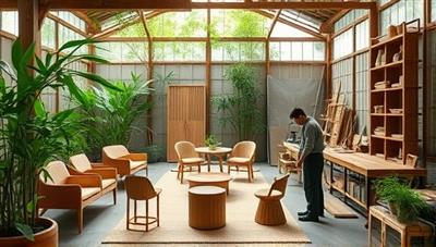 A workshop setting with artisans crafting elegant furniture pieces from sustainable bamboo, surrounded by lush greenery and natural light, conveying a harmonious blend of nature and craftsmanship.