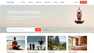 An online marketplace interface showcasing a variety of wellness retreat options, with serene images of yoga sessions on the beach, meditation in nature, and spa treatments, inviting users to explore and book transformative travel experiences for rejuvenation and self-discovery.