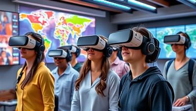 A futuristic language learning center with students wearing VR headsets, immersed in virtual environments that simulate different countries, surrounded by digital language tutors and interactive language exercises, creating a dynamic and engaging learning atmosphere.