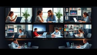 An engaging virtual study room environment with multiple screens showing students from different locations studying together, sharing notes, and discussing academic topics, creating a collaborative and supportive virtual study atmosphere.