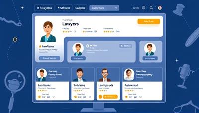 A digital illustration of a virtual marketplace interface showing profiles of freelance lawyers with their expertise, ratings, and services offered, creating a dynamic and interactive platform for legal services on-demand.