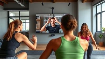 An inspiring visual of a virtual fitness coach conducting a live workout session with a diverse group of participants on a video call, showcasing motivation and engagement in a virtual fitness environment.