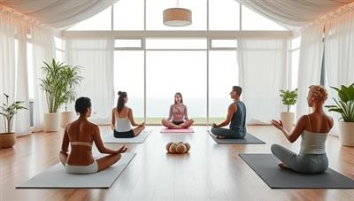 A tranquil virtual wellness retreat setting with participants engaging in yoga poses, meditation practices, and mindfulness exercises in a serene and calming online space that promotes relaxation, inner peace, and emotional well-being for a diverse audience seeking holistic healing.