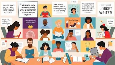 A vibrant digital community space showcasing diverse writers engaged in virtual write-ins, exchanging ideas, and celebrating writing milestones together, surrounded by motivational quotes, progress trackers, and collaborative tools, fostering a sense of camaraderie and shared commitment to writing excellence.