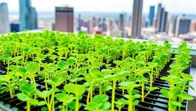An urban rooftop garden filled with vibrant microgreens, with a city skyline in the background, symbolizing freshness and sustainability in an urban setting.