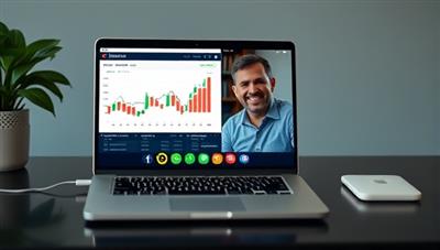 A modern and sleek virtual coaching session setup with a laptop displaying financial charts and a smiling coach interacting with a client via video call, creating a dynamic and engaging learning environment.