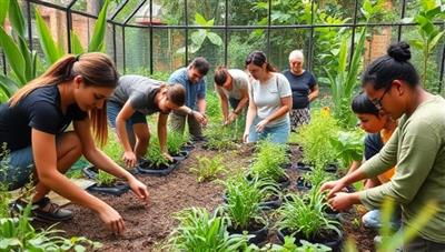 A lush garden setting with a diverse group of participants engaged in a gardening workshop, planting seeds, tending to plants, and sharing gardening tips, creating a vibrant and sustainable gardening community, filled with greenery and camaraderie.
