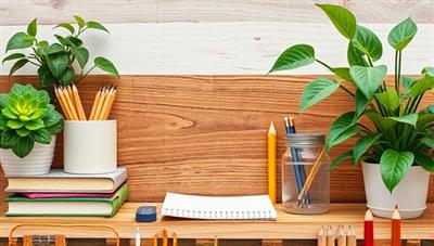 An aesthetically pleasing flat lay of eco-friendly school supplies arranged on a rustic wooden desk with green plants in the background, evoking a sense of eco-consciousness and sustainable living.