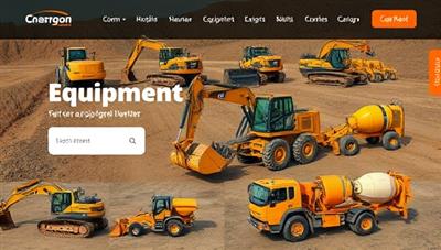 An array of construction equipment such as excavators, bulldozers, and cement mixers showcased on a virtual rental platform interface with user-friendly features and detailed equipment specifications, attracting both renters and equipment owners.
